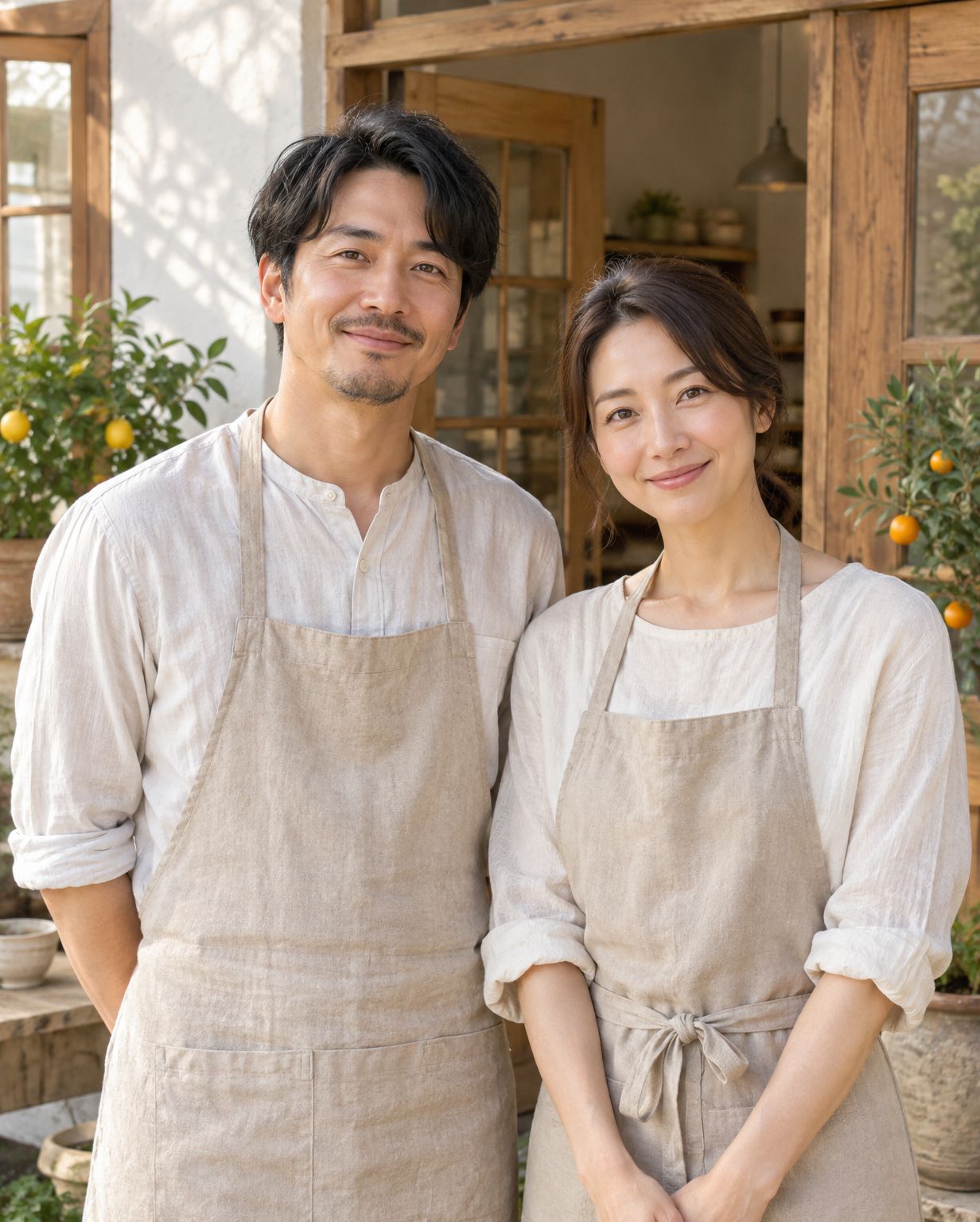 作業場の前に立つ作り手の二人（架空の人物）